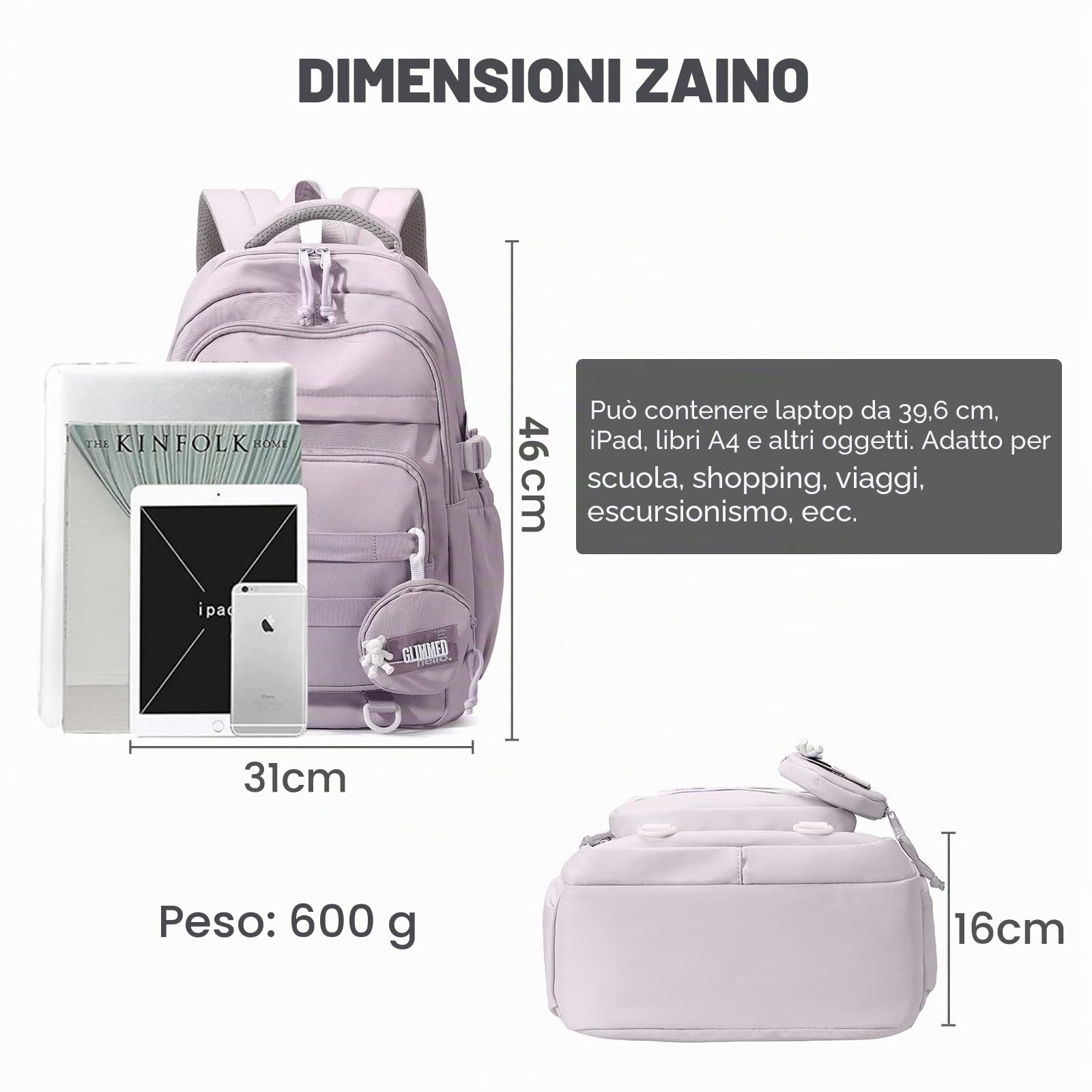Amythe Zaino Scuola Media e Superiore Ragazza Leggero Grande, Viola | Zaino Multi-tasche Adolescenti Zainetto Casual Moda Idrorepellente per Laptop da 15.6 pollici, Ritorno a Scuola / Viaggio