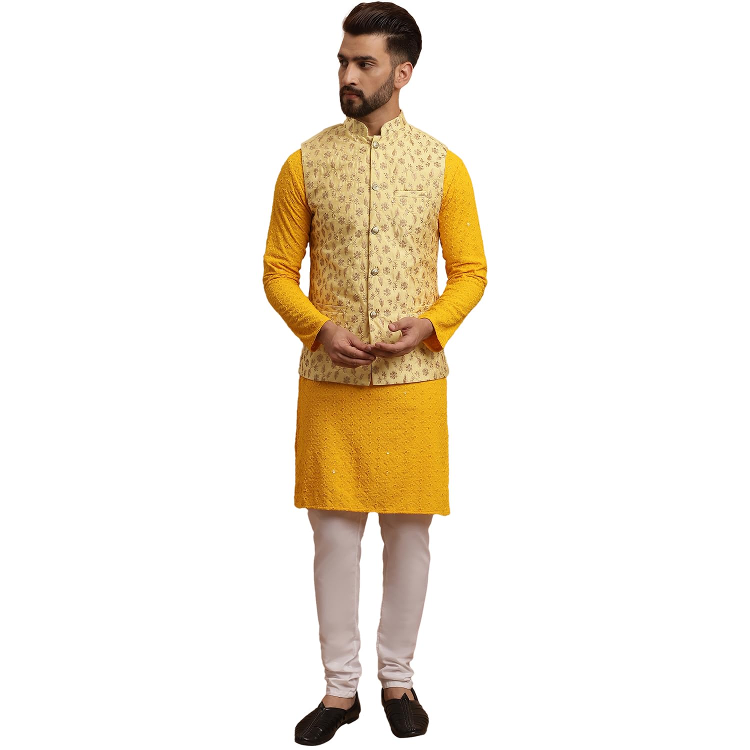 sojanya (Since 1958 Men's Cotton Mustard Kurta and White Pyjama Yellow Embroidery Nehru Jacket-picture-22
