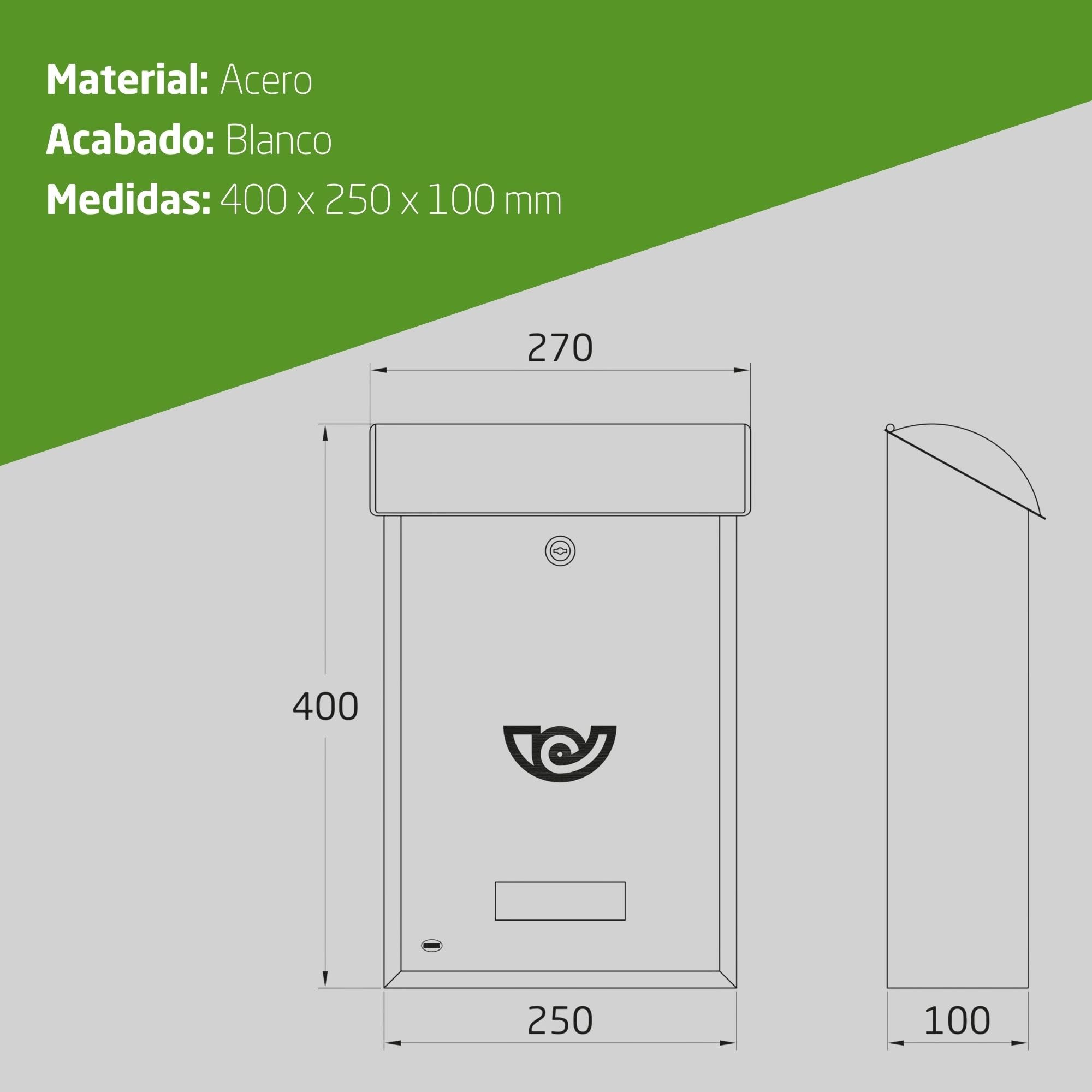 Amig - Buzón Exterior de Pared - Tamaño Compacto para DIN A4 - Apertura Frontal con Cerradura - Acero - Blanco - Fácil de Instalar en Puertas o Verjas - 40 x 24 x 8 cm