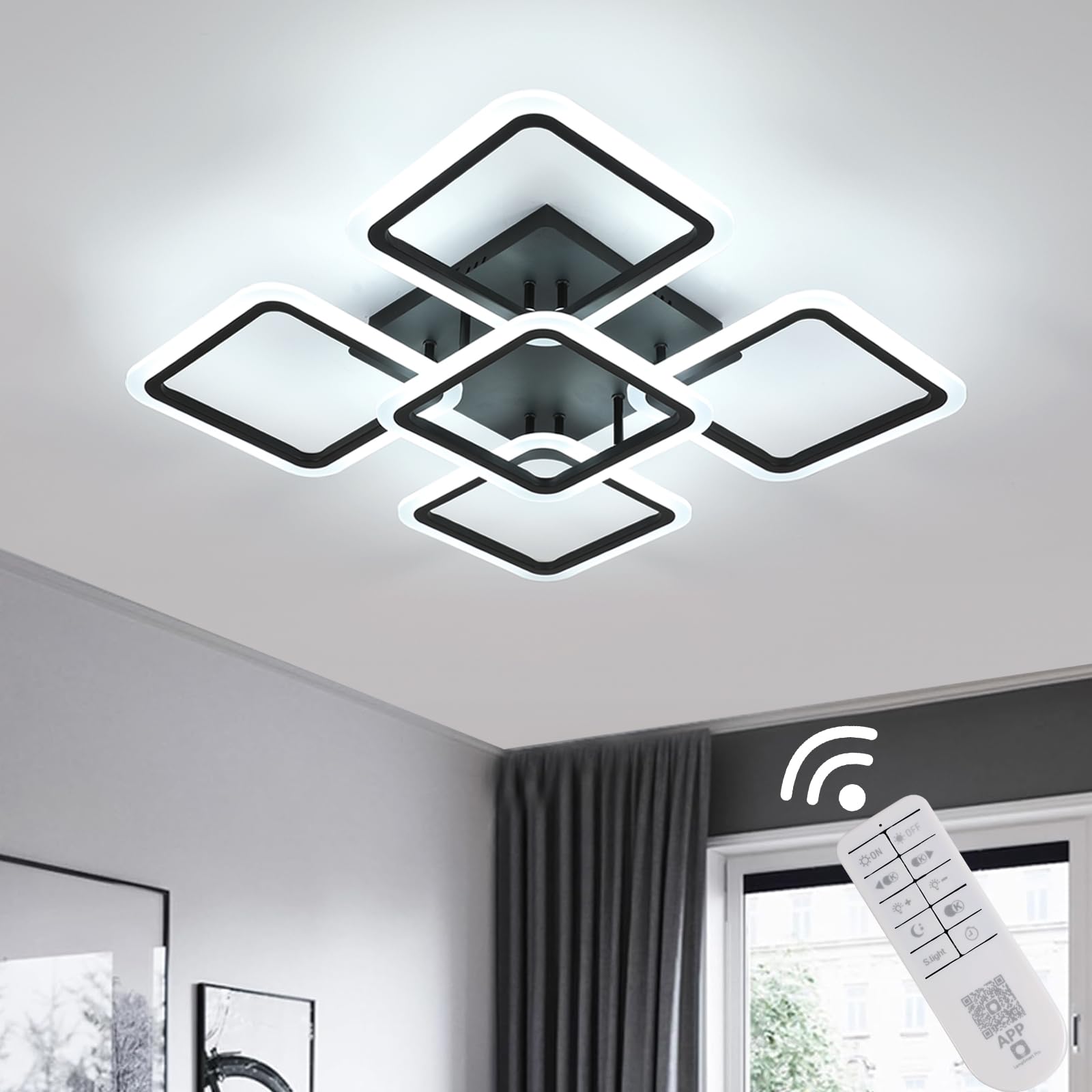 Comely LED Ceiling Light, Black, 28 W, 3200 lm, Dimmable with Remote Control, 3000 K - 6500 K, Modern Ceiling Lighting for Living Room, Childrens Room, Cafeteria