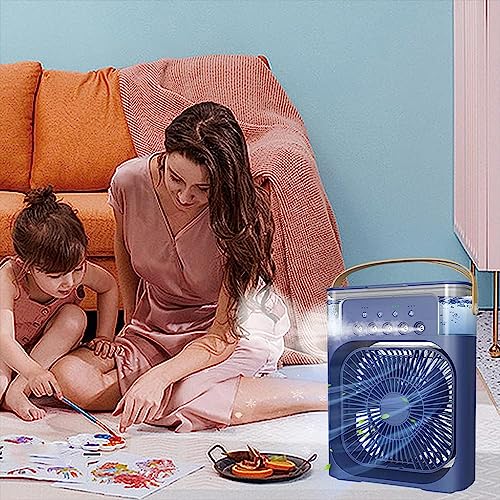 Image of Drumstone (𝟏𝟓 𝐘𝐞𝐚𝐫𝐬 𝐰𝐚𝐫𝐫𝐚𝐧𝐭𝐲) Mini Portable Air Cooler Fan - USB Powered, 3-Speed, Cool Mist Humidifier, 7-Color LED Light & Timer for Home, Office & Travel