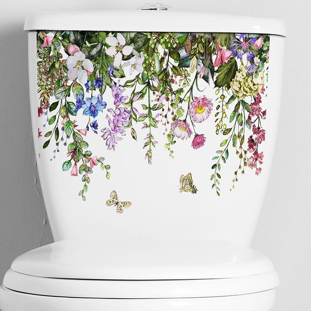 Opemg Green Plant Leaves Toilet Lid Stickers, Self-Adhesive Bathroom Wall Sticker Leaf Floral Toilet Lid Decals Diy Removable Waterproof Sticker, Removable Vinyl Botanical Flower Toilet Seat Cover Decal