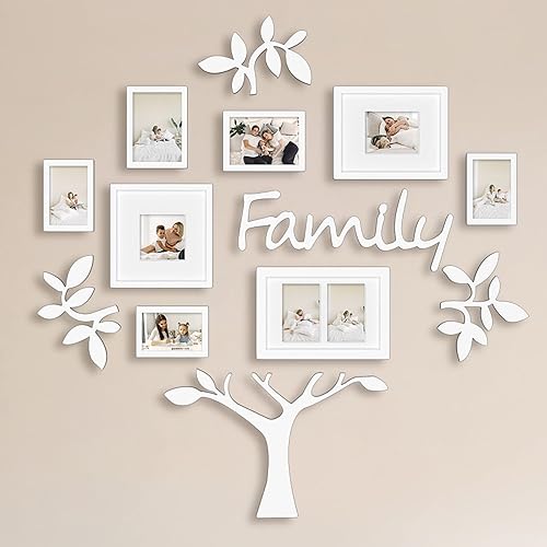 HELLO LAURA - Juego de portarretratos para árbol genealógico, marco blanco con temática del hogar, colección de galería, con forma de árbol, listo