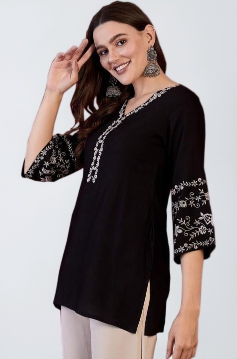 MAHIRA'S Women's Short Kurti, Black Rayon Tunic Top with Embroidered Sleeves, 3/4 Designer Sleeves