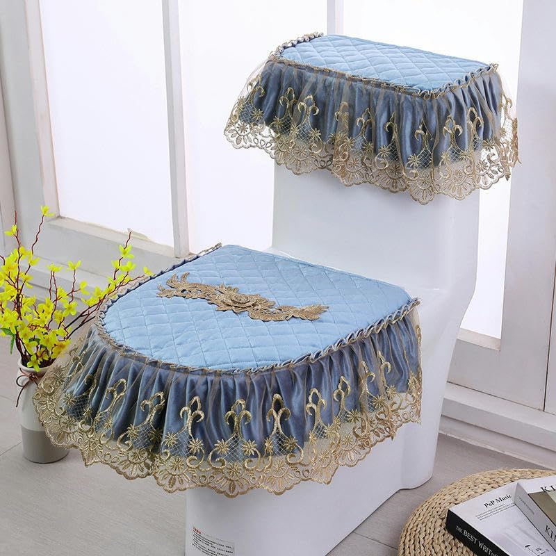 Toilet lid cover 3pcs/Set Lace Embroidery Gold Rose Flower Soft Toilet Lid & Tank Covers Seat Cover Pads Cushion Zipper -Typ(Coffee Color)