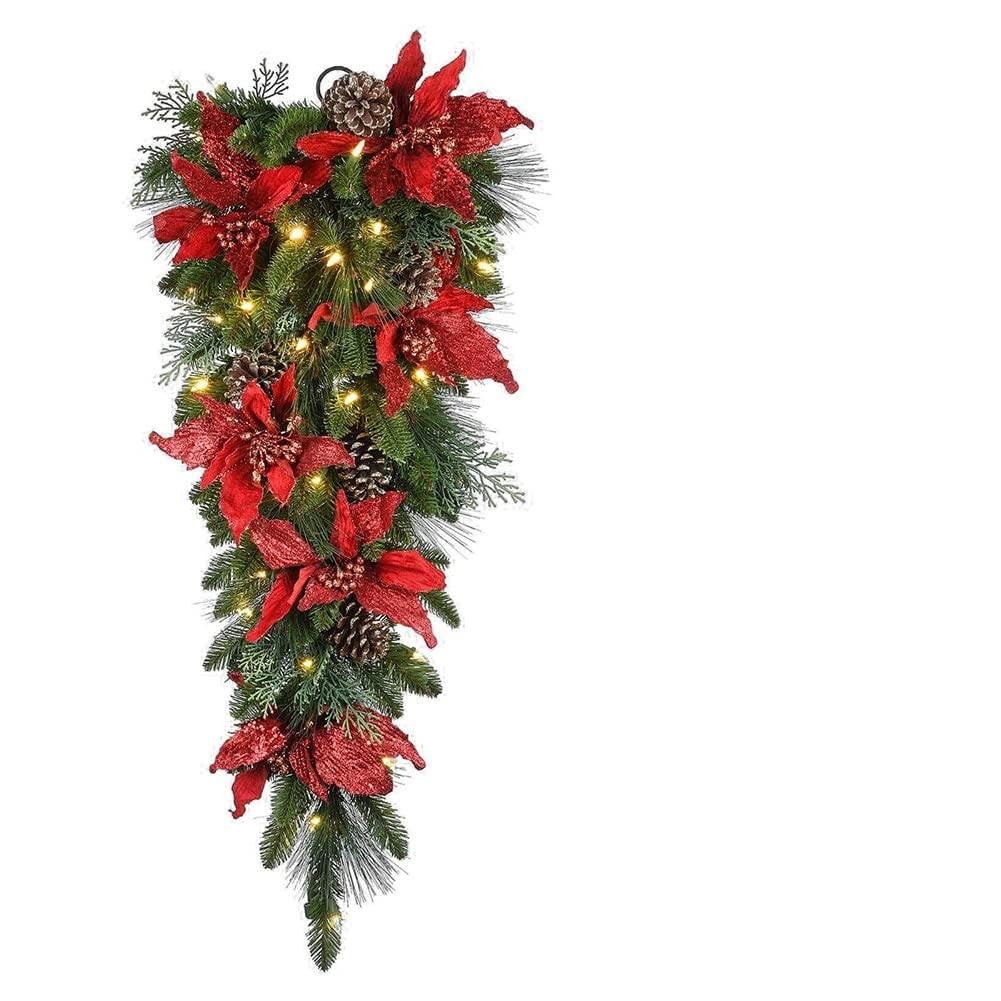 Mihtra Red 1Pcs Christmas Swag, Holiday Classics Stair Swag With Lights For Front Door Decor,Christmas Decorations Cordless Prelit Stairway Swag Trim For Indoor & Outdoor Home Xmas Decor