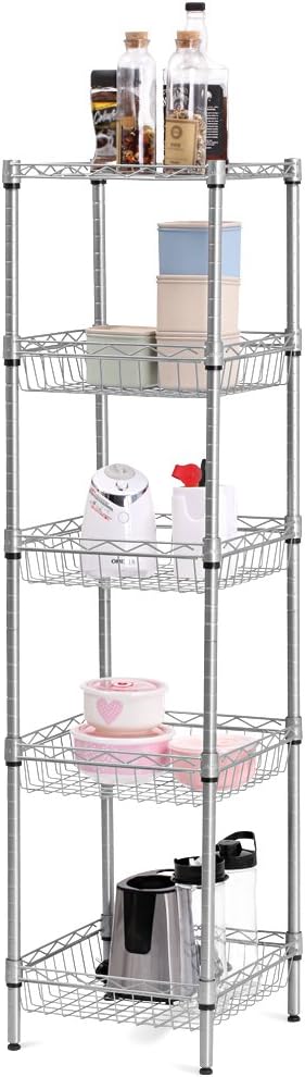 LANGRIA 5-Tier Bathroom Shelving Supreme Shelving Units, Storage Rack Corner Shelf Organization Utility Rack for Home Kitchen Living Room Bedroom Laundry Office, 165 lbs Capacity, Silver