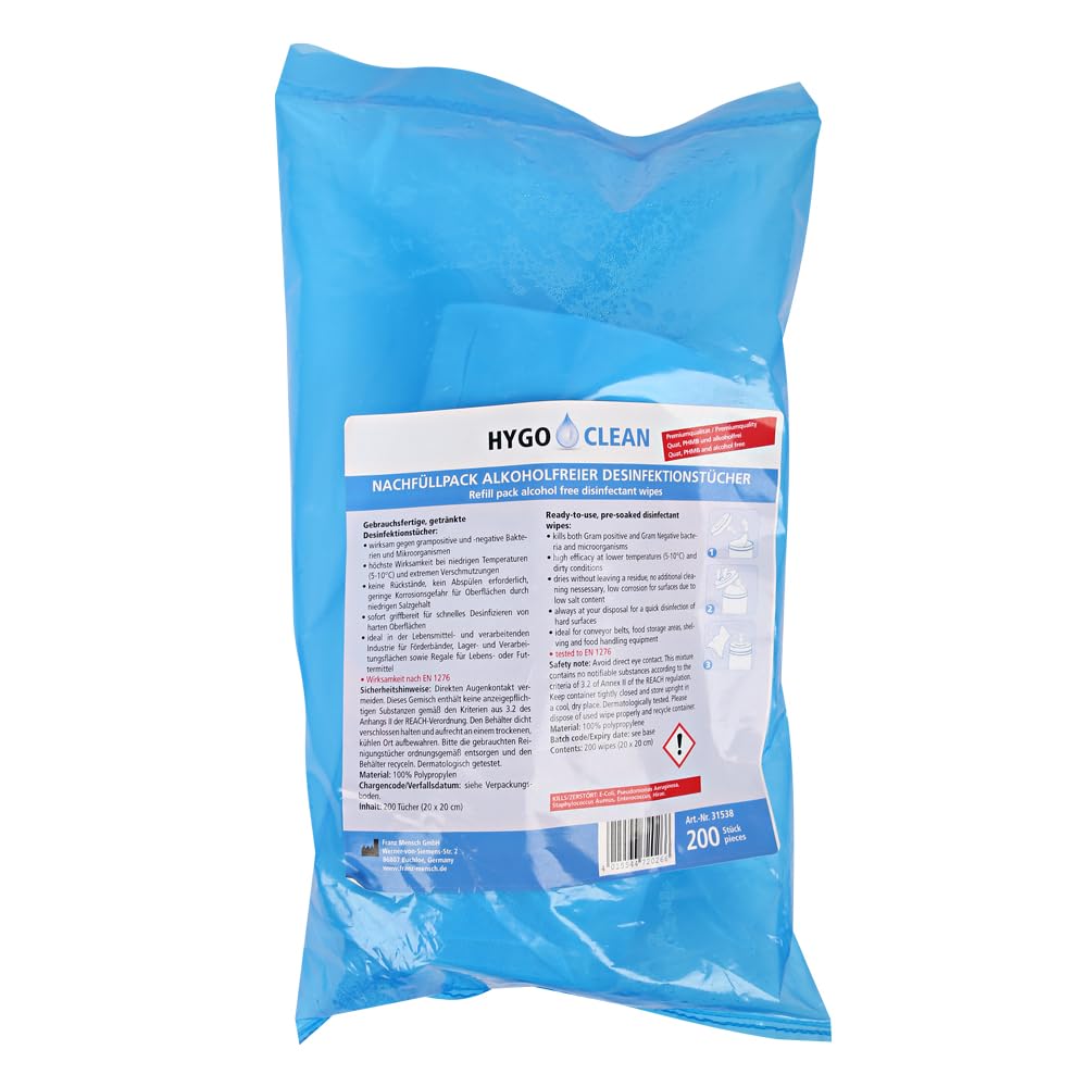 3000 Stück Hygoclean Desinfektionstücher QAV frei | PP, Karton, 200 Stück, blau, L: 20cm, B: 20cm, Nachfüllpack, Schnell-Desinfektionstücher in Spenderdose, Reinigungstücher