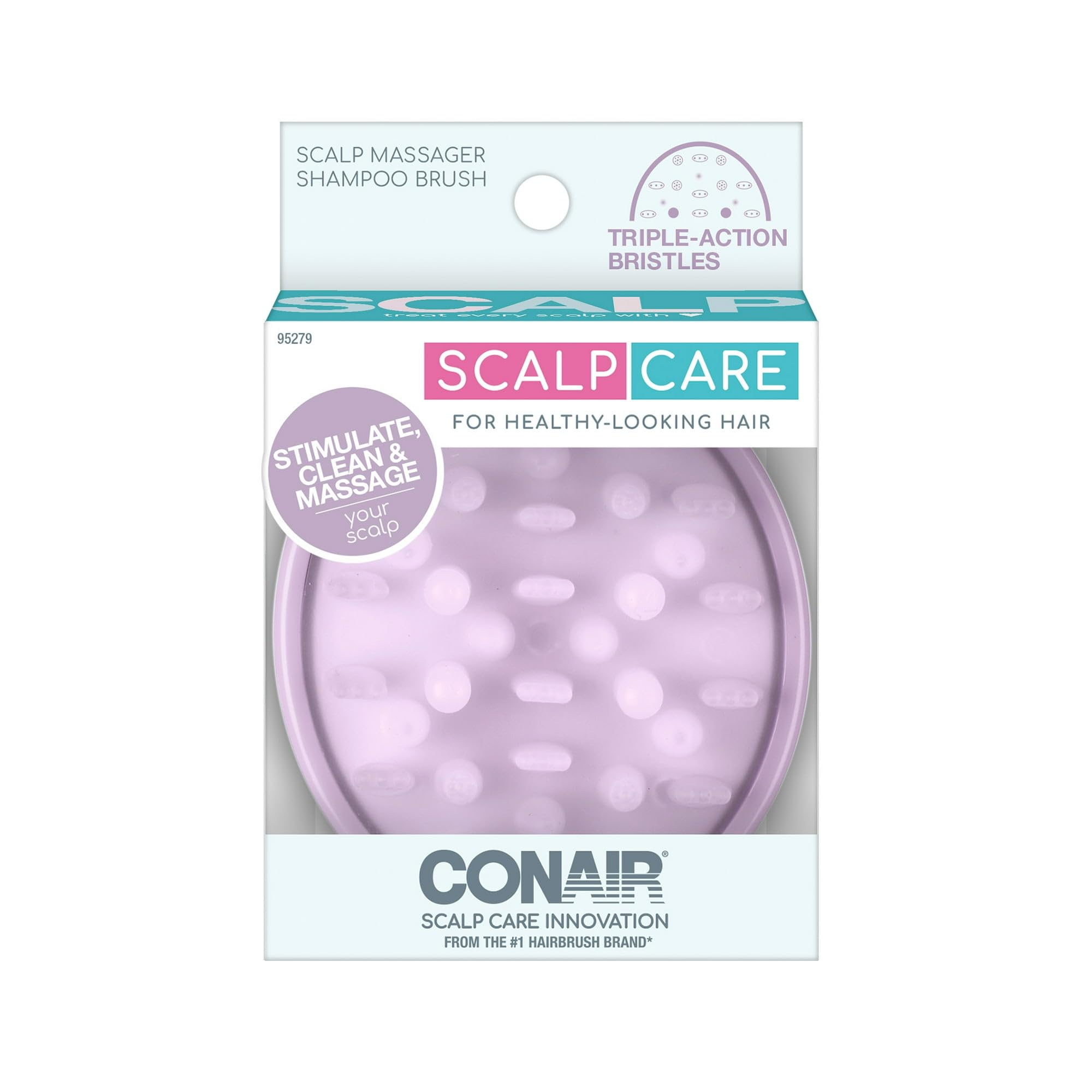 Conair Scalp Care Shampoo Brush Scalp Massager with Triple-Action Bristles Deep Cleansing Exfoliating Stimulates Circulation for Healthy Hair