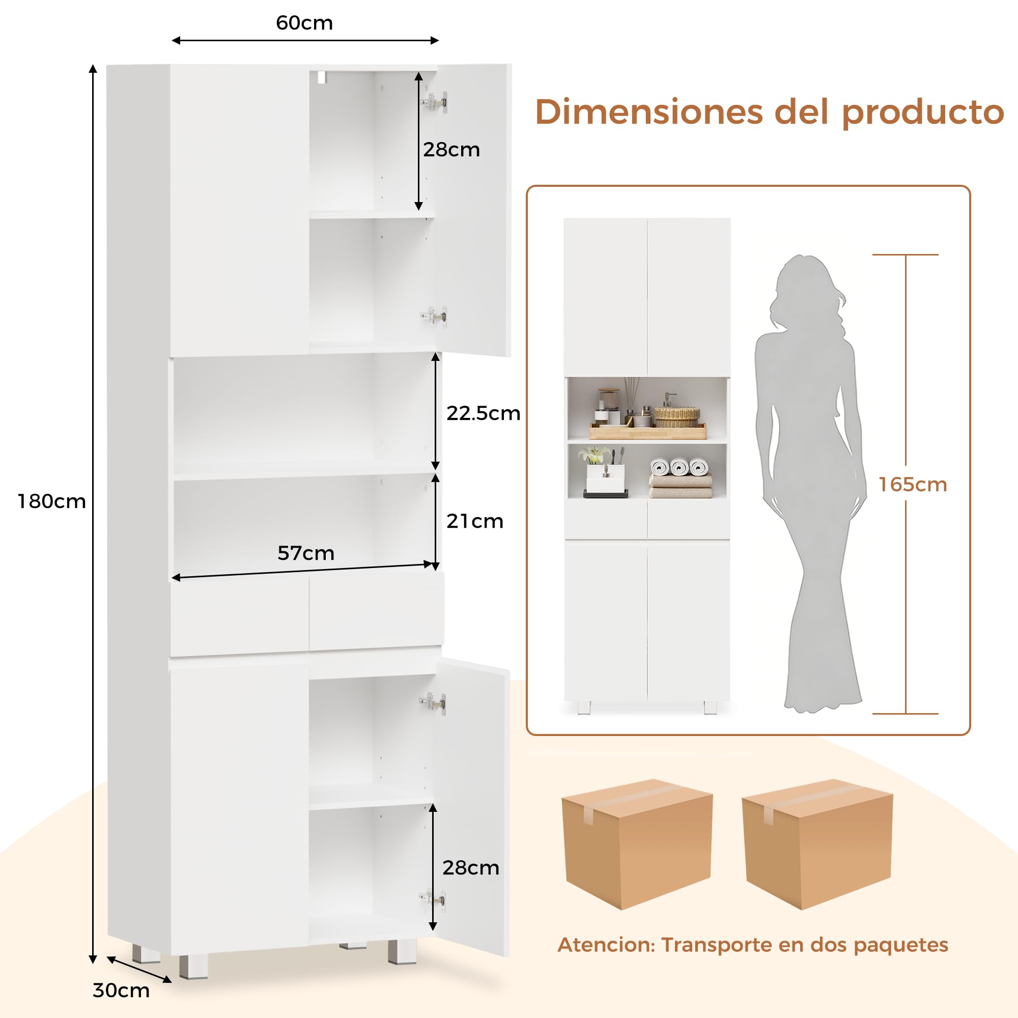 ANWBROAD Armario Alto de Baño,Mueble Columna de Baño con Estantes Ajustables,2 Cajón,Kit Antivuelco,Mueble Auxiliar de Almacenaje,para Cocina,Salón,30x60x180 cm,Blanco SBC012W