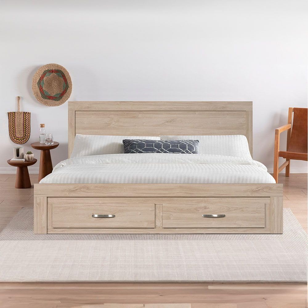 Bolivar 180 X 200 King Bed With 2 Front Drawer Storage| Sturdy Modern Design Wooden Double Bed Frame Furniture| Quiet & Comfortable BedsL 207 x W 192 x H 90 cm - Vintage oak