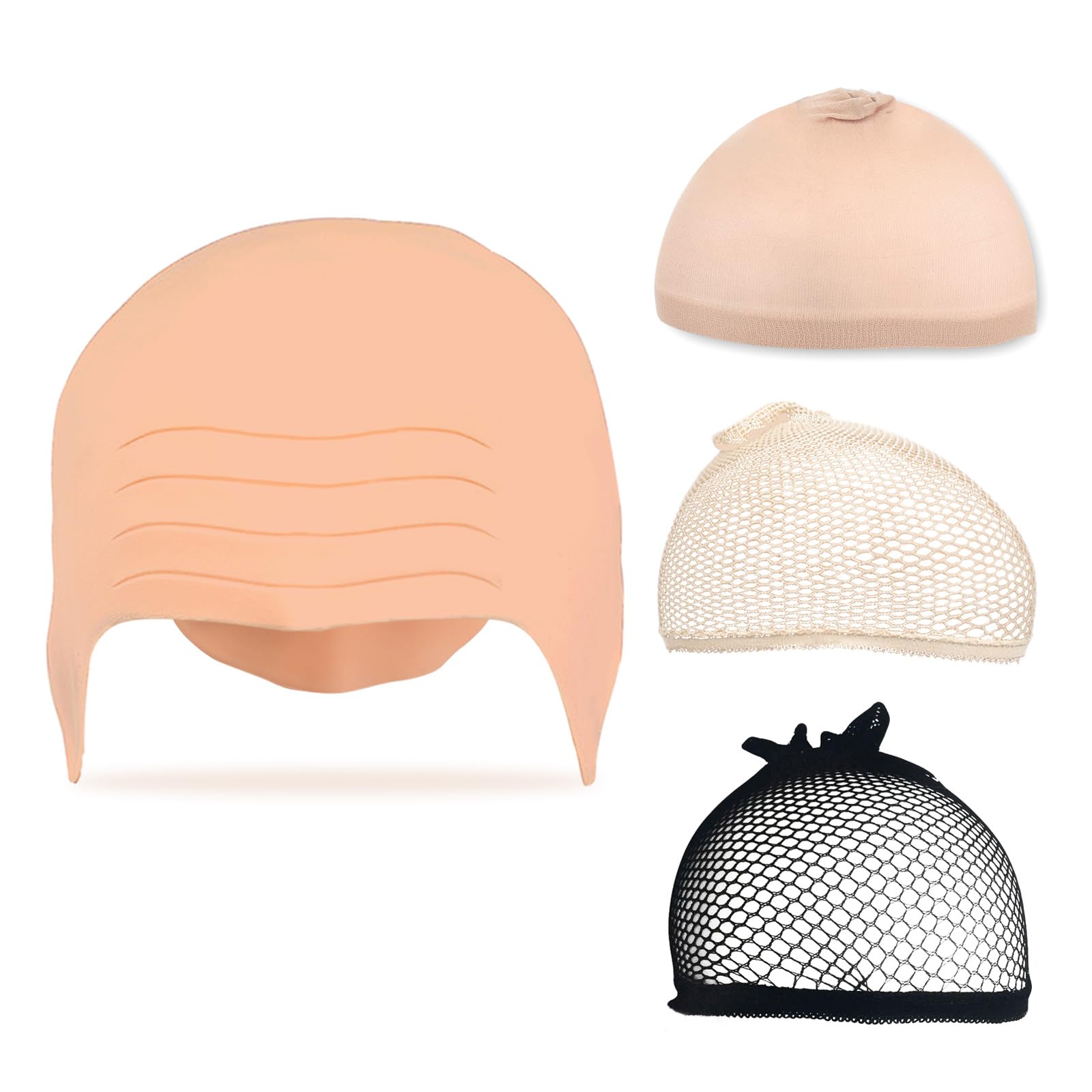 Donmnemb Latex Bald Cap with 3 PCS Nylon wig caps for women Men, Halloween makeup latex bald caps, wig grip caps for women non slip with Hairnet Halloween Cosplay Theme Party (Multicolor)