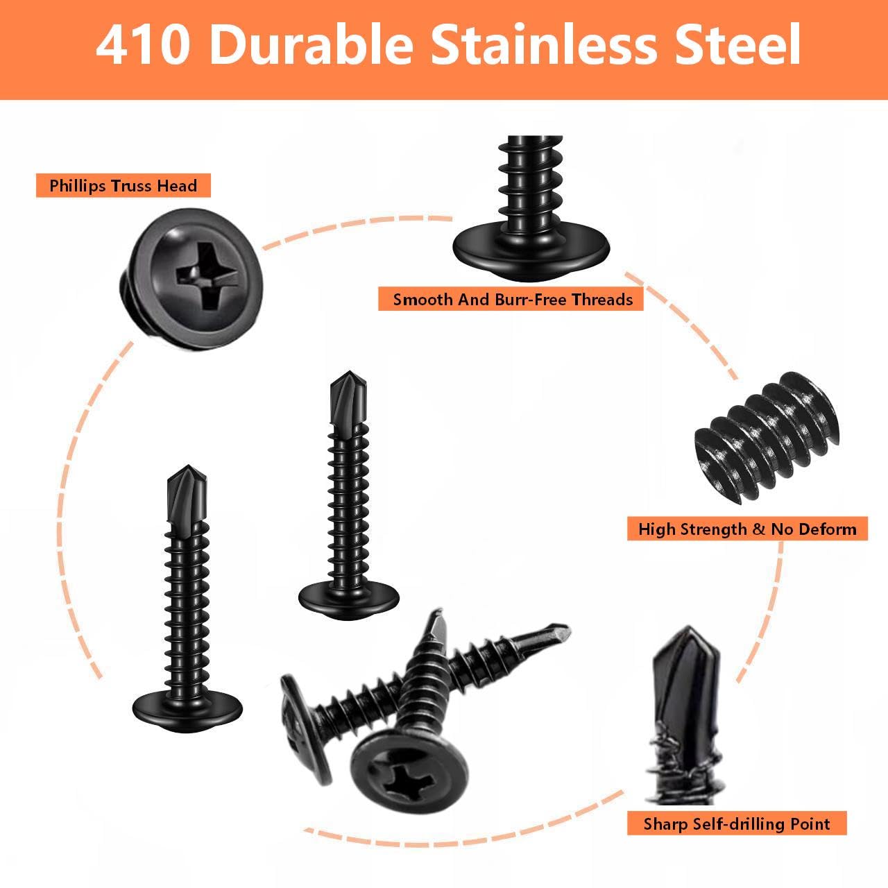 Self Tapping Screws for Metal, 410 Stainless Steel Self Drilling Screws