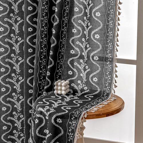 Image of Boho Curtains 84 Inch Long for Living Room, Bedroom, 2 Panels Floral Farmhouse Vintage Tassel Semi Sheer Light Filtering Privacy Window Curtain Drapes with Rod Pocket,Black