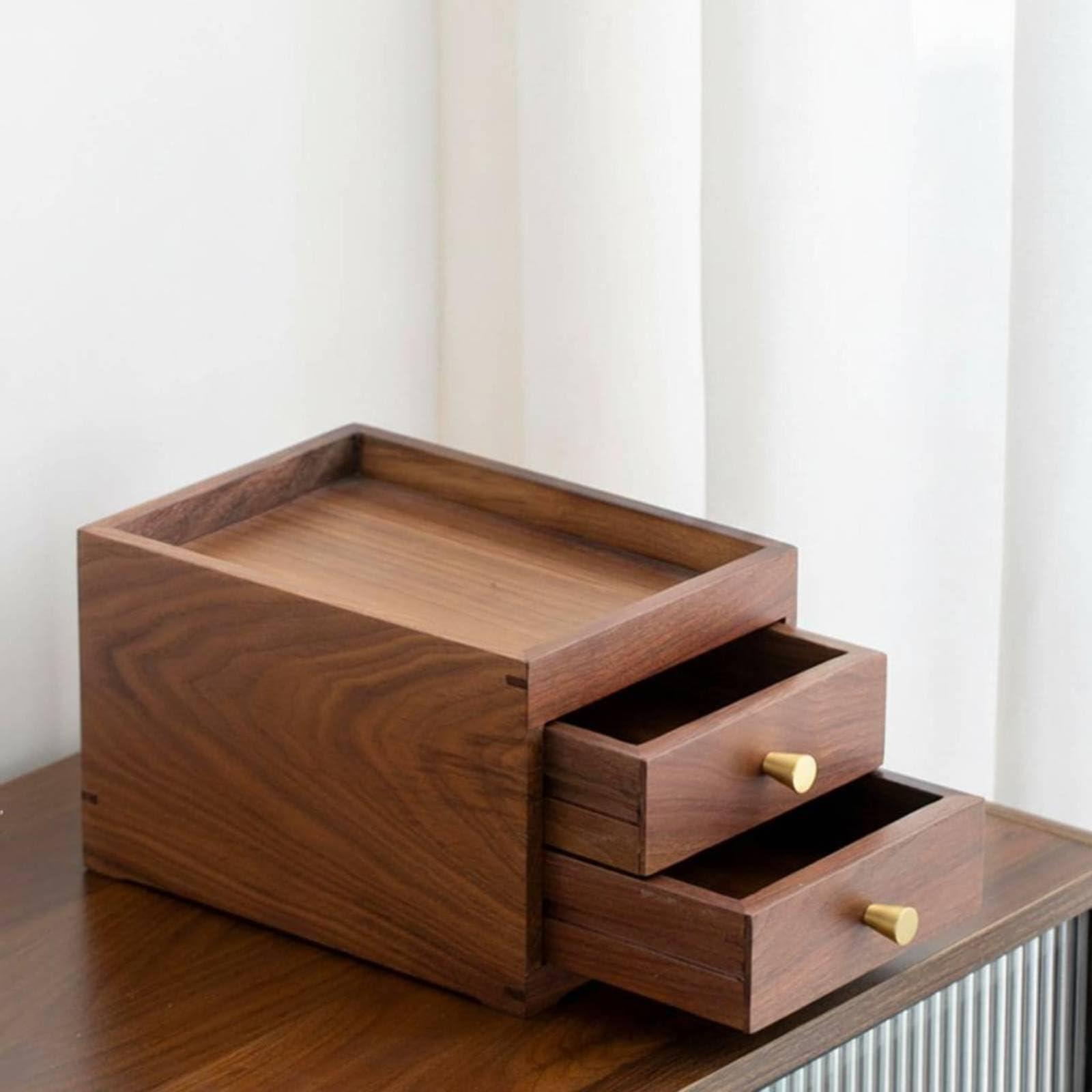 Cassettiera a Doppio Cassetto Organizer Scrivania Legno Compatto Box Portaoggetti Vassoio Incassato Manopole Ottone Adatta per Soggiorno Ufficio Toeletta