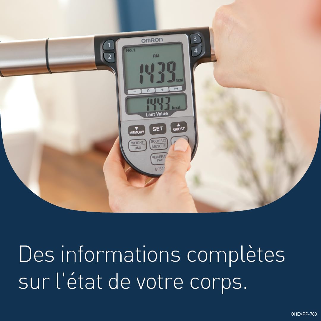 OMRON BF511 Balance Pèse Personne Impédancemètre Familiale avec Mesure Complète à 8 Capteurs, Analyse de l'IMC et du Pourcentage de Graisse - Balance Numérique pour Adultes/Enfants (6 ans+)