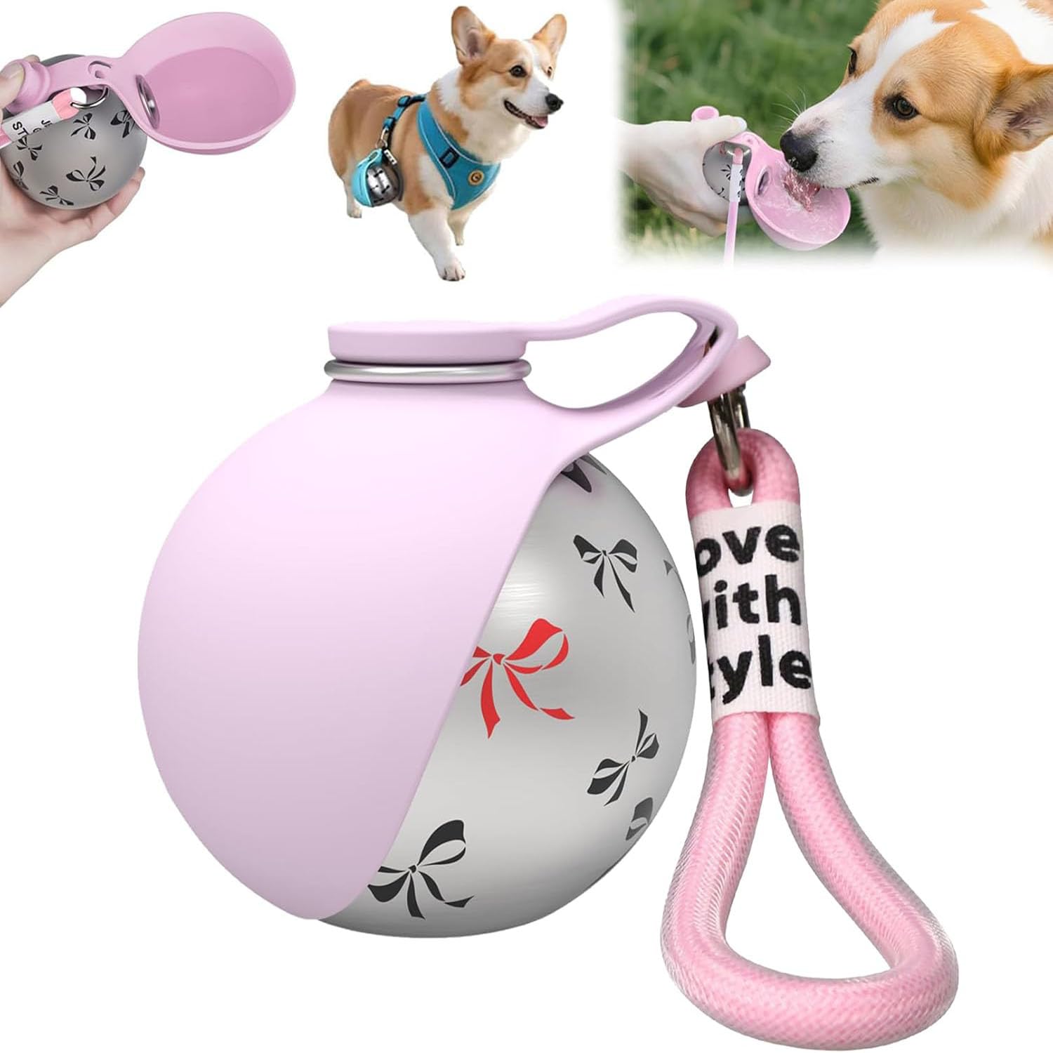2-in-1 Portable Dog Water Bottle for Small Dogs, Pet Water Bottle for Travel with Foldable Silicone Bowl, Stainless Steel Dog Drink Dispenser with Drinking Feeder for Walking Hiking (Pink+print)