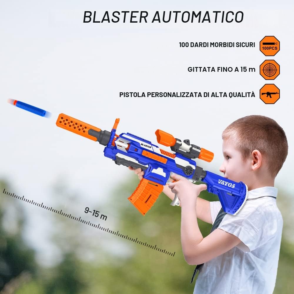 VATOS Pistola Elettrica Schiuma con 100 Dardi, Fucile Sniper Automatico 7 Stili DIY + Mirino, Giochi di Tiro 9-15m per Bambini 6-12 Anni & Adulti