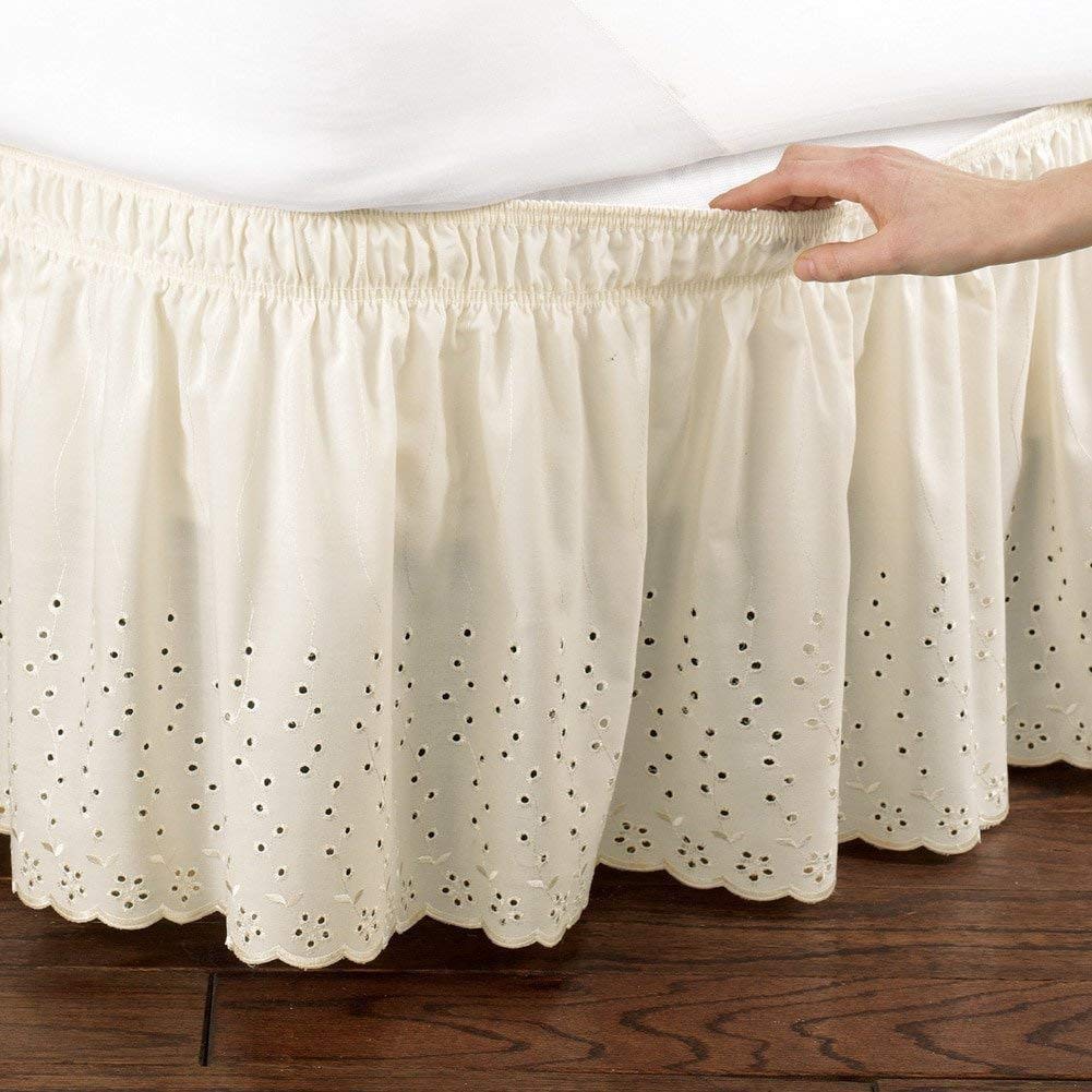 Feyart - Gonna da letto avvolgente con occhielli, motivo floreale, con volant antipolvere, lunghezza 38 cm, colore: beige, super king (180 x 200 + 38 cm)