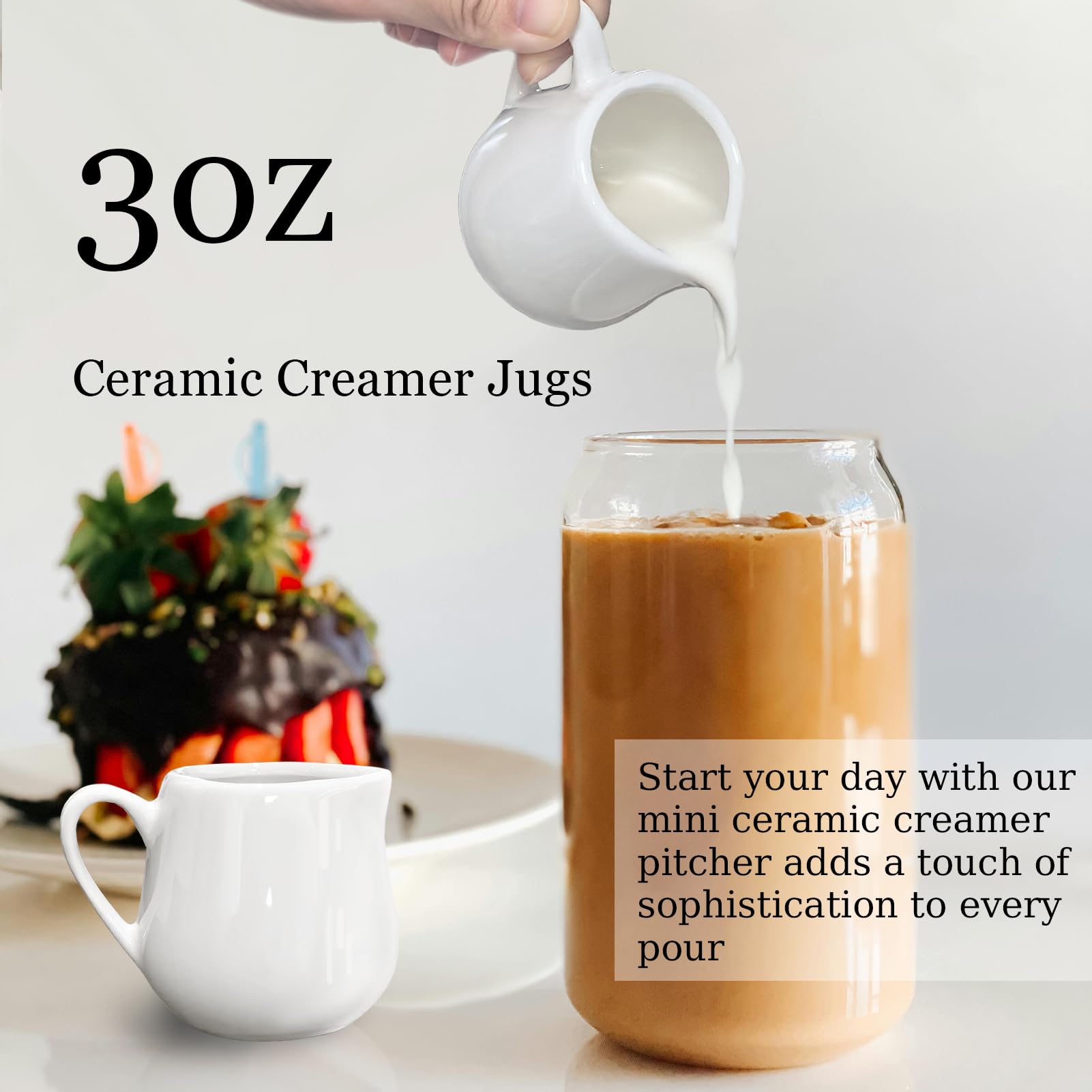 Mini-Kännchen aus Keramik, 85 ml, kleiner Porzellan-Sirup-Krug mit Griff für Milch, Soße, Kaffee, Tee, Salat, Dressing, Creme, Weiß, 12 Stück