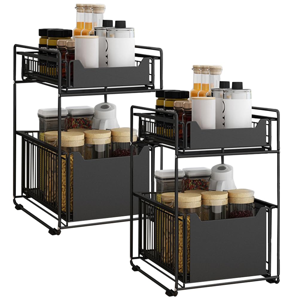 OHMG Schiebeschrank Korb herausziehen Organizer Schublade, küchen küchenschrank organizer,spülbecken organizer unter Waschbecken Schrank Lagerregal für Küchenarbeitsplatte (schwarz-2p)