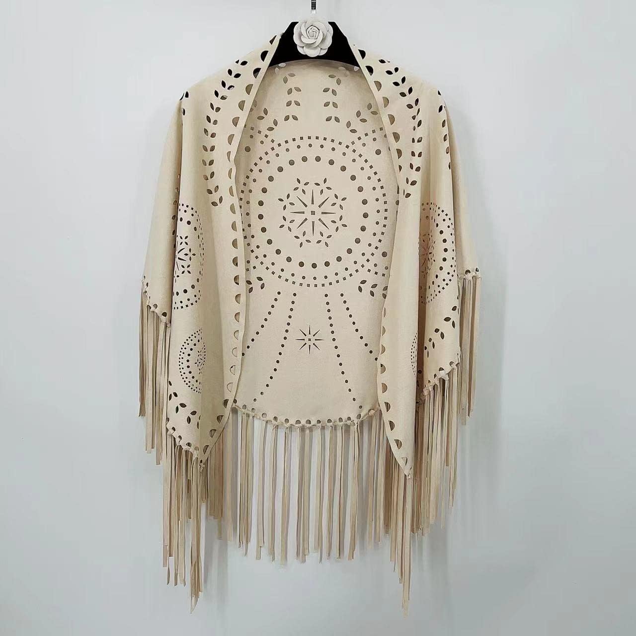 Datangep Fashion Women's Faux Suede Laser Cut Triangle Stoles Cape Shrug Scarf With Tassel Shawls