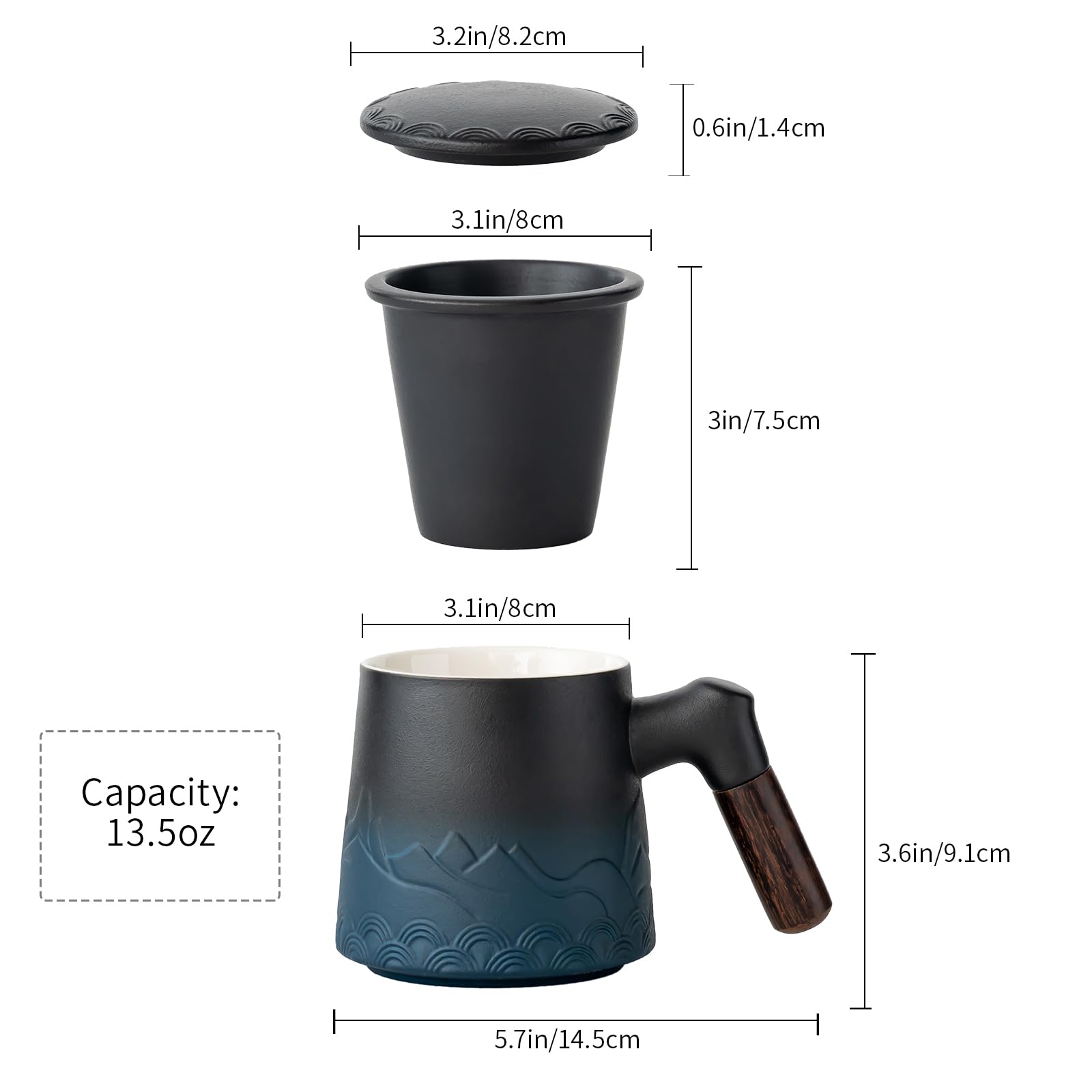Taza de té de cerámica con infusor y tapa, taza coladora de té azul degradado de 13.5 onzas para té de hojas sueltas con mango de madera, regalo para los amantes del té