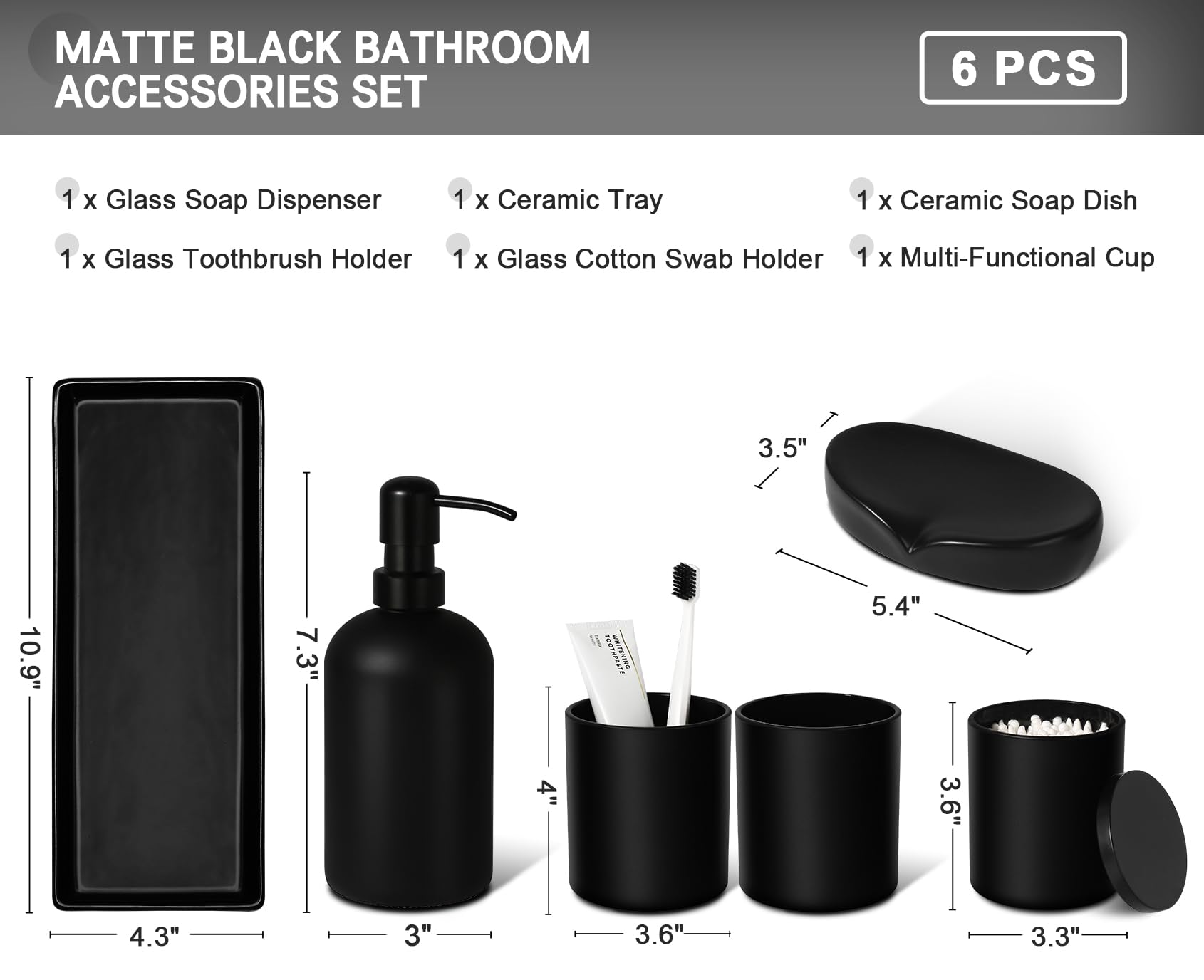 GMISUN Black Bathroom Accessories Set, 6PCS Matte Black Bathroom Accessory Sets Complete, Glass Bathroom Soap Dispenser and Toothbrush Holder Set with Ceramic Tray, Modern Bathroom Counter Sink Decor