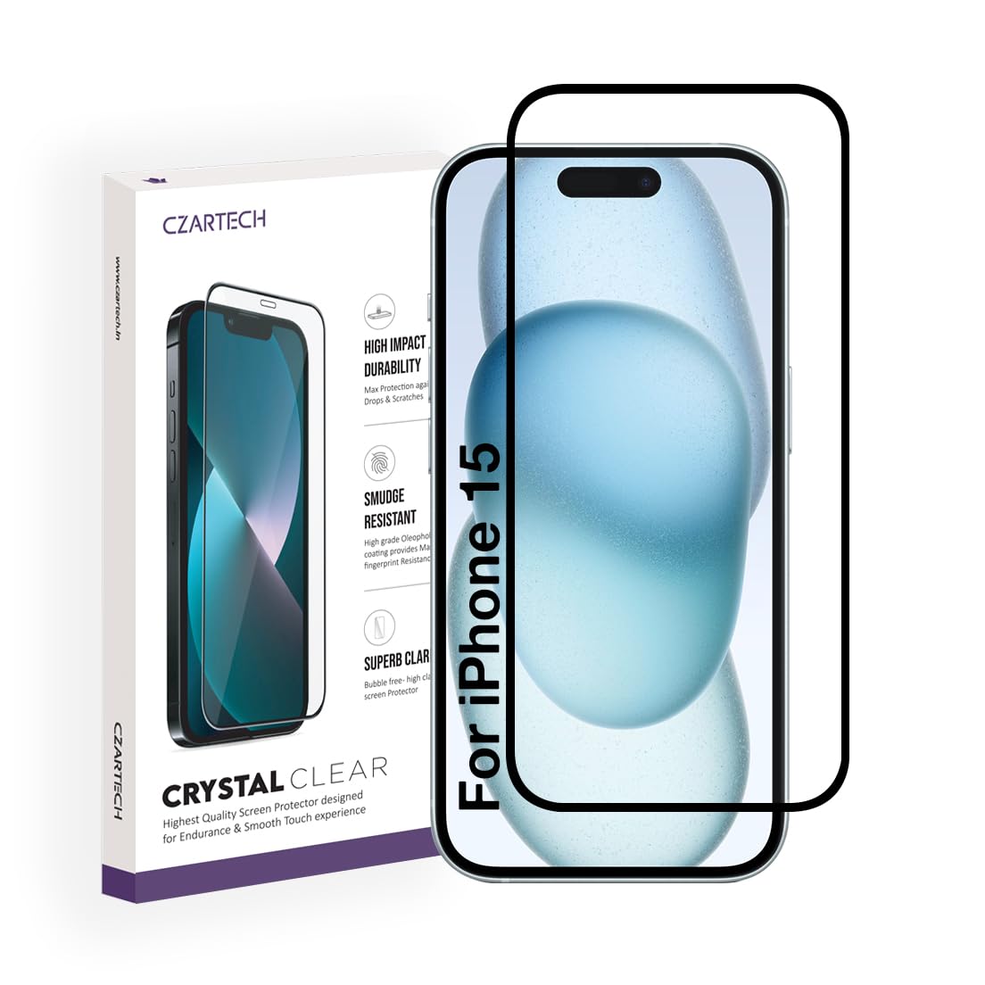 Czartech Tempered Glass For Iphone 15 Screen Protector Guard (6.1") Edge-To-Edge Protector Coverage Tough Glass with Easy Cleaning Kit (Pack of 1)