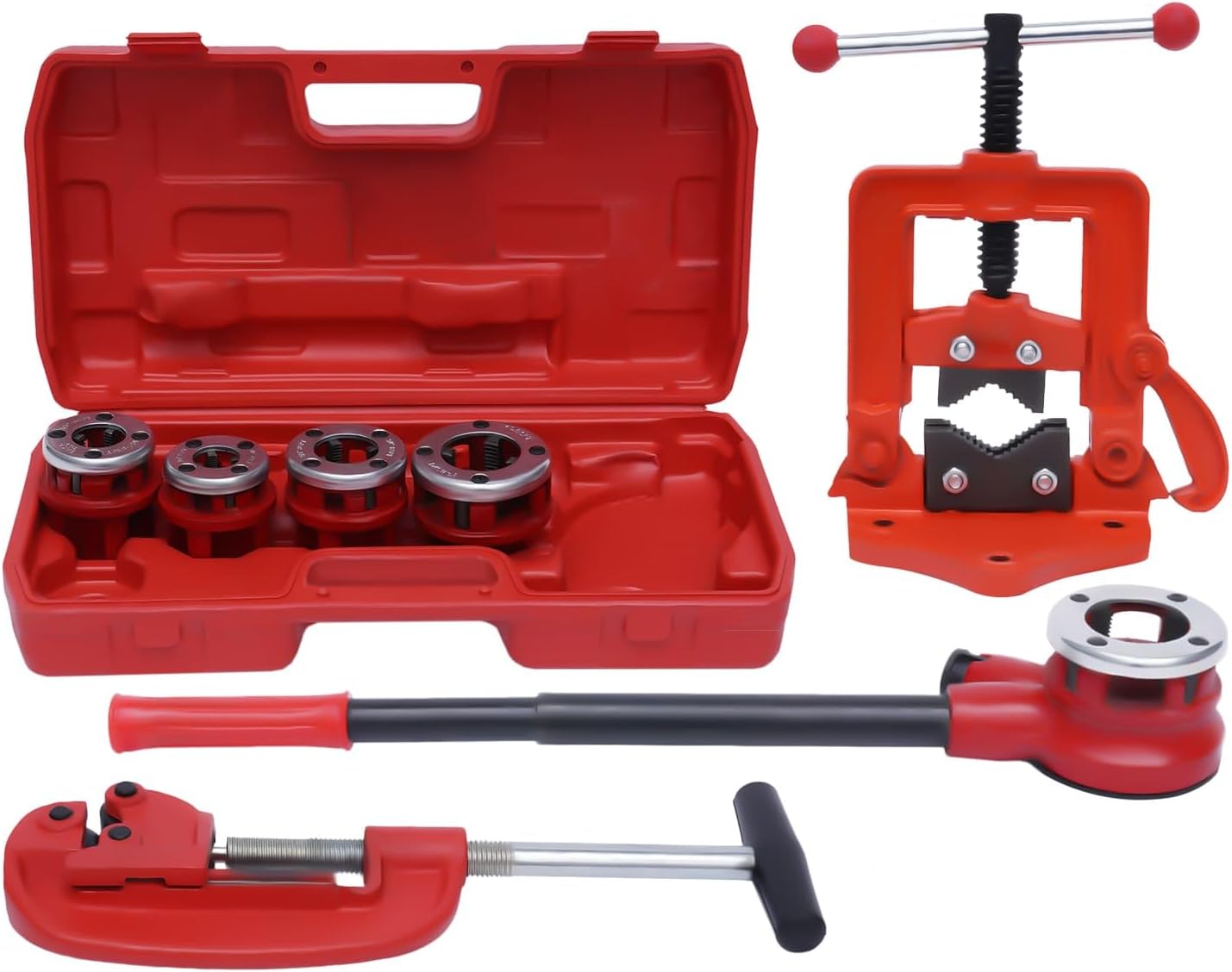 Handheld Ratchet Pipe Threader Kit Portable Ratcheting Pipe Threading Hand Tool Set with 5 Dies 3/8", 1/2", 3/4", 1", 1-1/4" BSPT