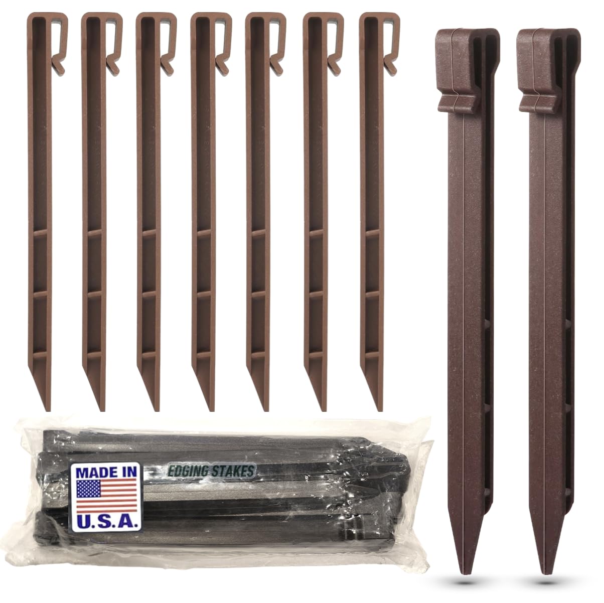 USA Made - (25 Pack) Brown 10" Inch Heavy Duty Plastic Landscape Edging Stakes, Anchoring Spikes for Edging & Terrace Board