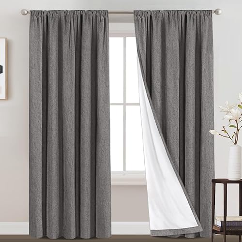 Cortinas 100 % blackout para sala de estar, con aspecto de lino natural y forro de aislamiento térmico blanco