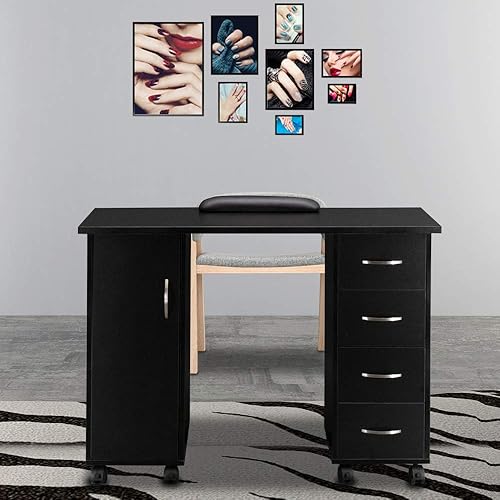 Miniatura 3 de Goujxcy Mesa rodante de manicura, estación de escritorio de uñas, estación de manicura para salón de belleza, equipo de arte de uñas con 4 cajones y