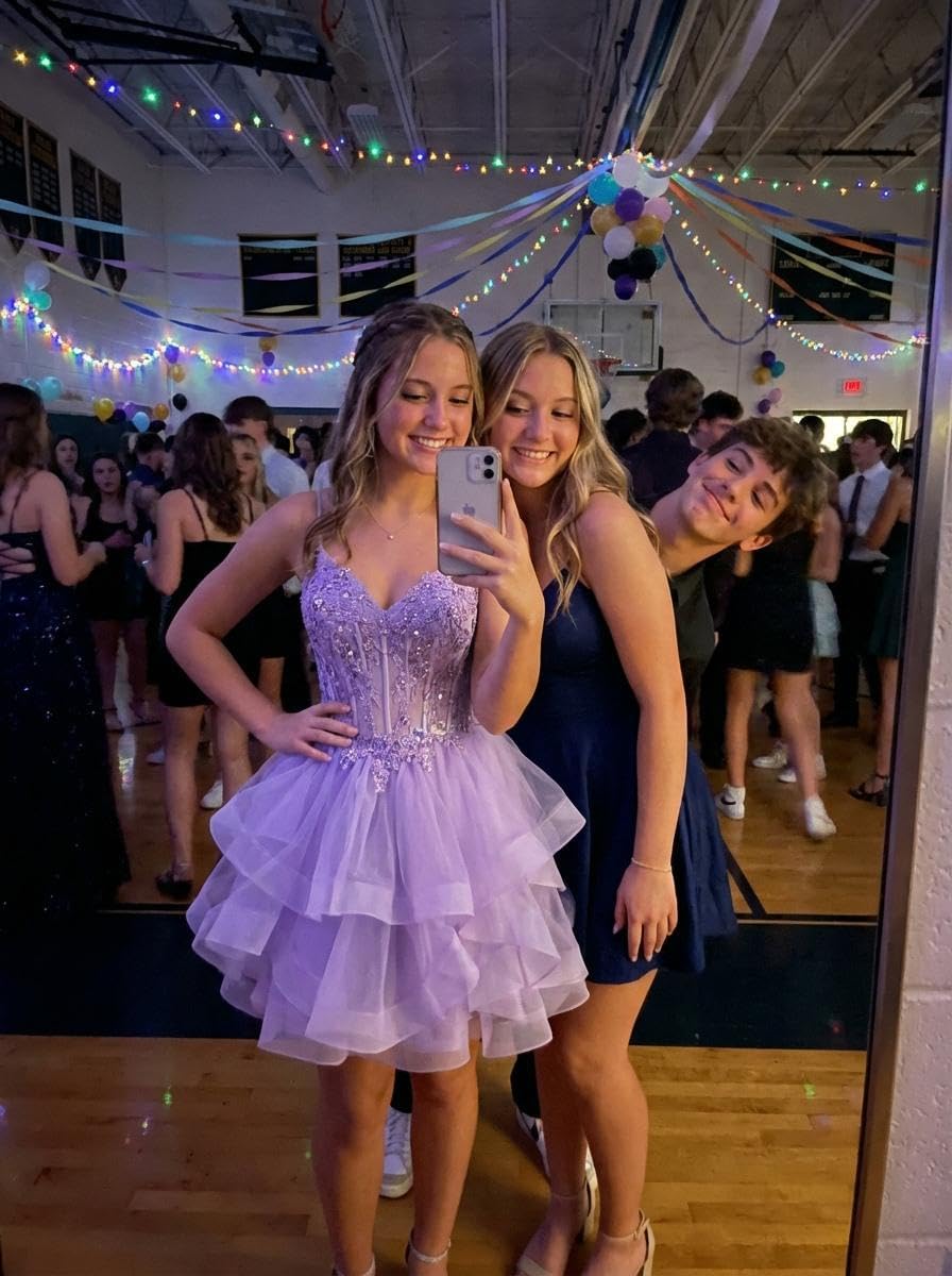 Sparkly Tiered Lace Tulle Homecoming Dresses 2025 Lace Applique Short Prom Dress for Teens Quinceanera DAMA Dress