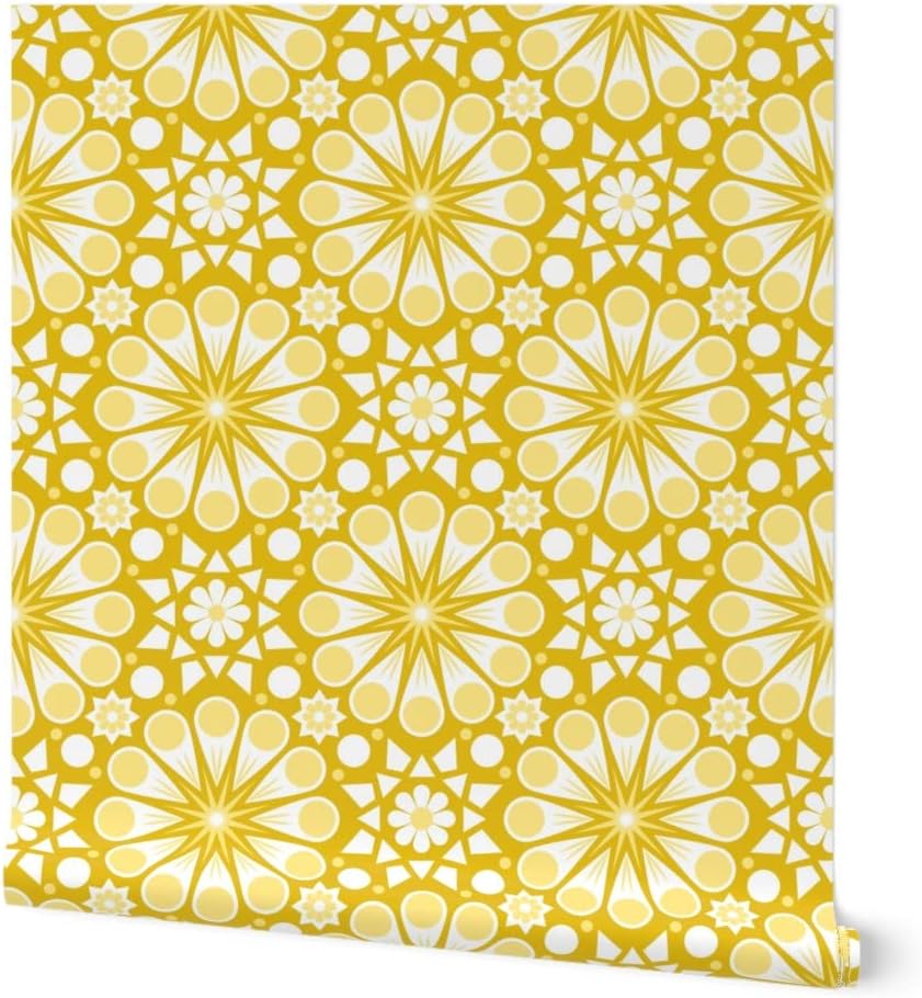 Spoonflower Peel & Stick Wallpaper 3ft x 2ft - Retro Geometric Floral Yellow 70S Daisy Daffodil Custom Removable Wallpaper