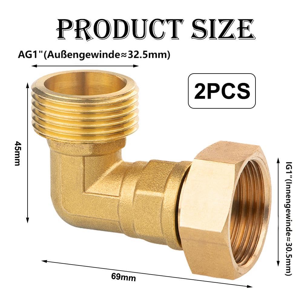 Lot de 2 raccords mobiles en laiton, 1" IG x AG 90° coudé mobile G1" en laiton coudé 90°, DN 25 coudé fileté, pour installations d'eau et systèmes de chauffage central