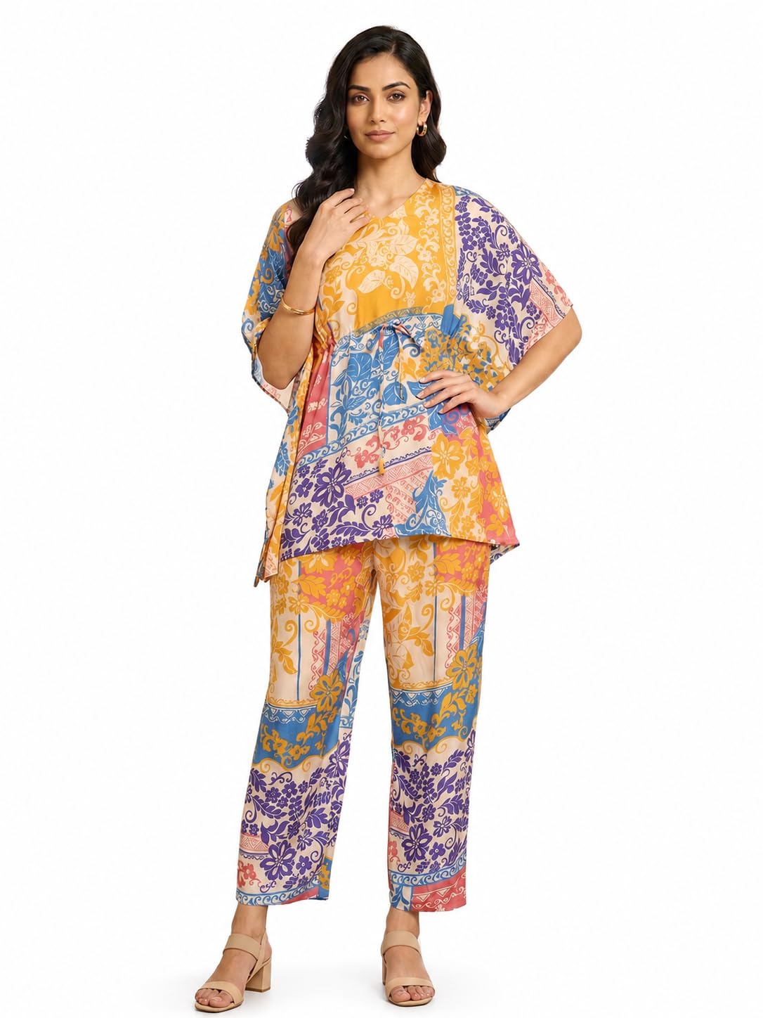 akiko Women's Polyester Digital Printed Kaftan Co-ord Set V-Neck,Kimmono Sleeves-picture-10