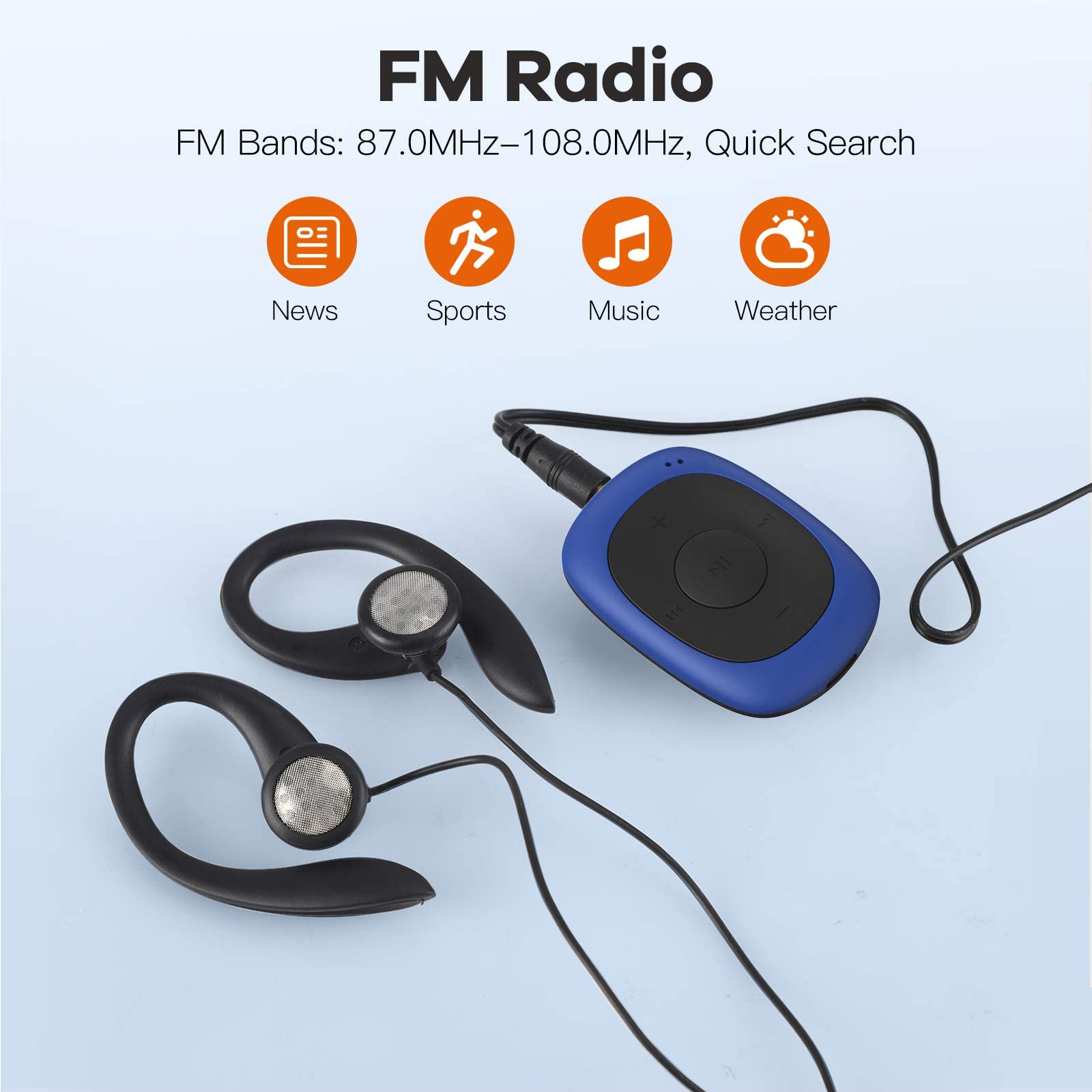 AGPTEK Mini Clip 64GB MP3 Player mit Bügel-Kopfhörer und Silikon Hülle, Leichter Sport Musik Player mit 5 Tasten und 2 Funktionsumschaltung Knöpfe, Blau