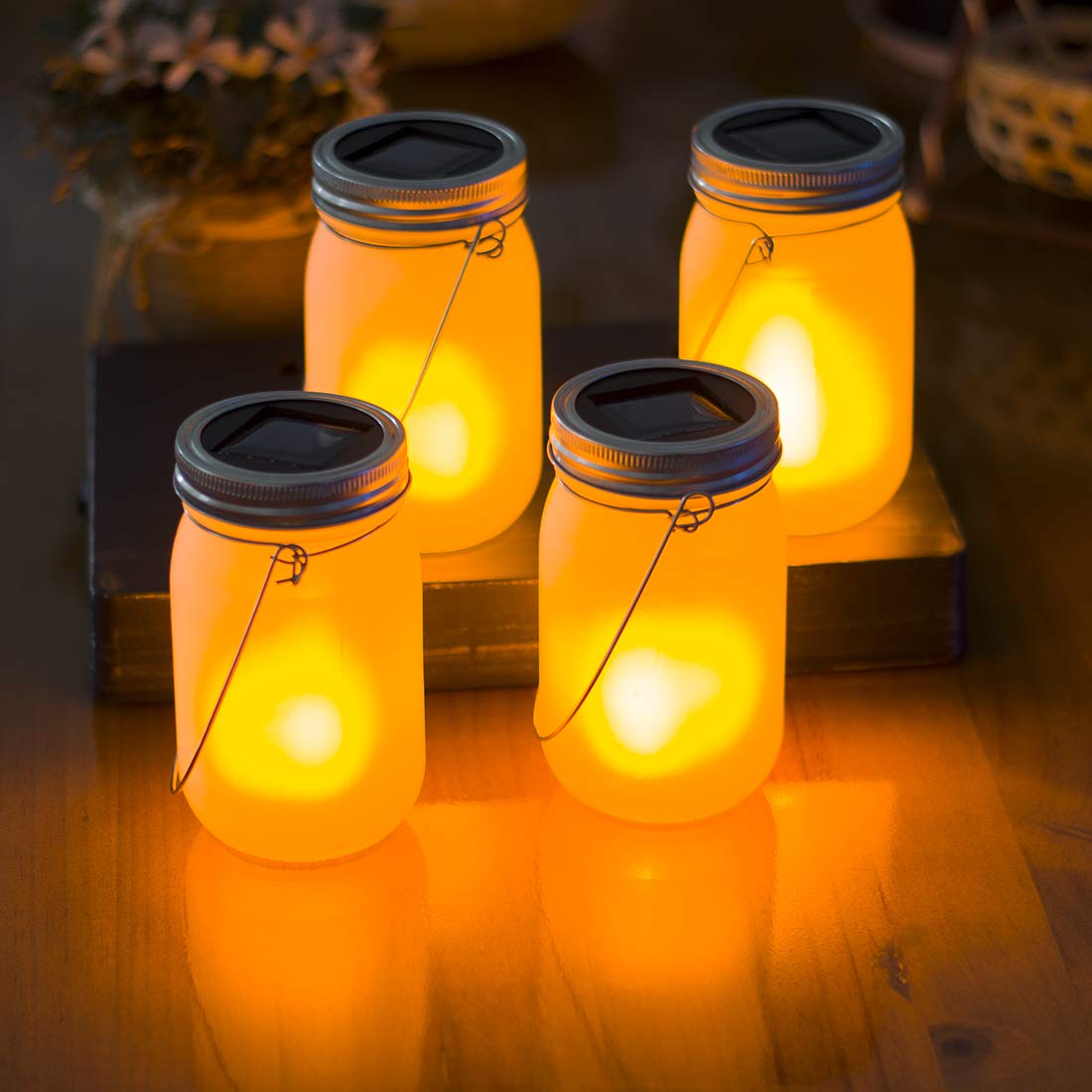 Solar Mason Jar Light with The Flickering Flame (Mason Jar/Hanger Included) 4 Pack,Outdoor Table Light for Patio Yard Garden Party Wedding Christmas,Decorative Hanging Light Zkee