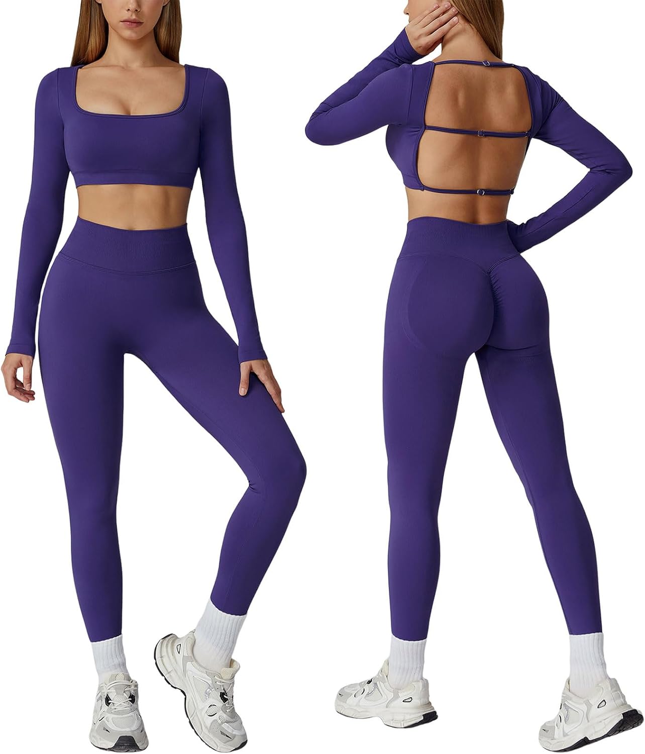 ABOCIW Workout Sets for Women 2 Piece Seamless Backless Long Sleeve Crop Top High Waisted Leggings Gym Sets