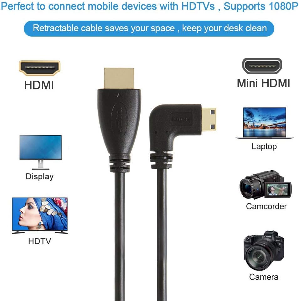 CableCreation Mini HDMI to HDMI Coiled Cable, 5 Feet Coiled 90 Degree Right Angle Mini-HDMI Male to HDMI Male Converter Cable, Support 1080P Full HD, 3D, 1.6M, Black