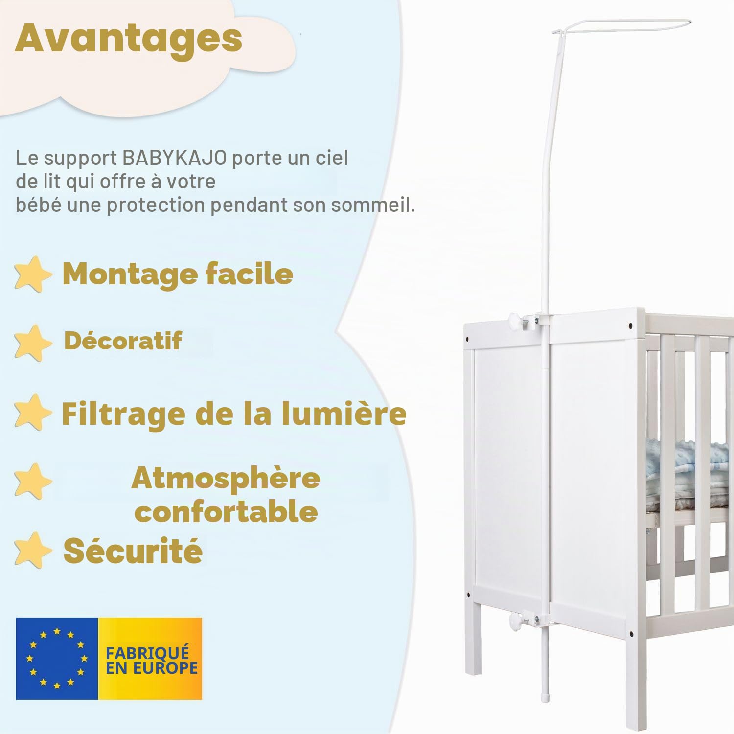 Babykajo Barre de ciel de lit montable pour lit de bébé - Armature en métal pour lit bébé garçon et fille - Armature sans ciel de lit