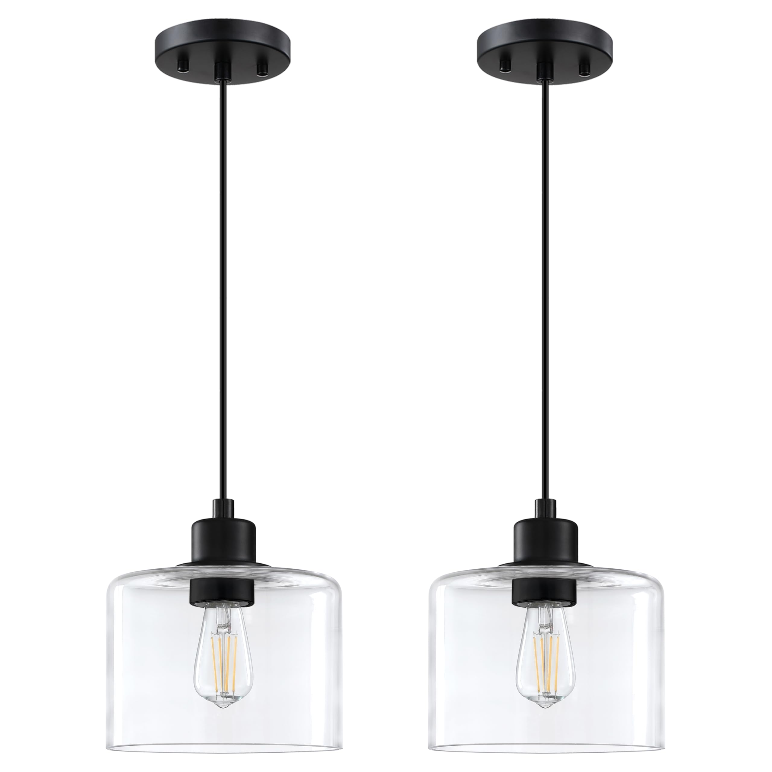 2 Pack 1 Light Vintage Hanging Pendant Lighting Black Finish 7.3 Inches Modern Clear Blown Glass Shade Classic for Farmhouse Entryway Dining Room Kitchen Island Foyer