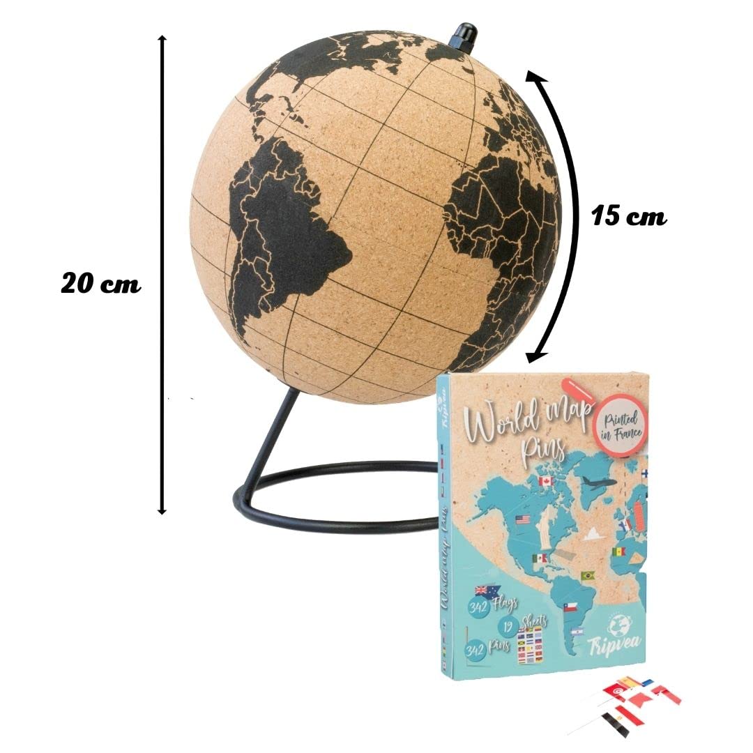 Globo terráqueo con Corcho + 342 Banderas de países del Mundo - Pegatinas de Banderas con chinchetas por la educación y organización de Viajes - Globo 20 cm