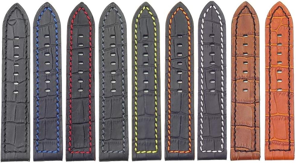 DASSARI Flash Thick Crocodile Embossed Rally Leather Watch Band Strap with Contrast Stitching - Choose Your Color - 20mm 22mm 24mm 26mm