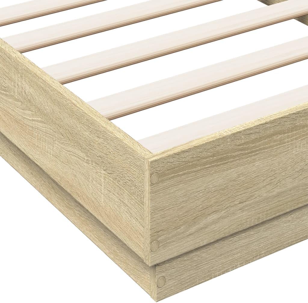 Close-up view of a corner of the bed frame, showing the connection points and the engineered wood texture.