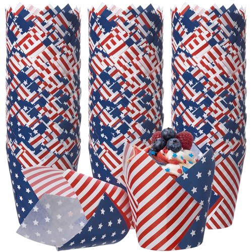 Maxdot 200 Pcs Patriotic Tulip Cupcake Liners for Baking 4th of July Muffin Baking Cups Red Blue White Stars Stripes Tulip Muffin Liners Wrappers for Independence Day Memorial Day Party Supplies