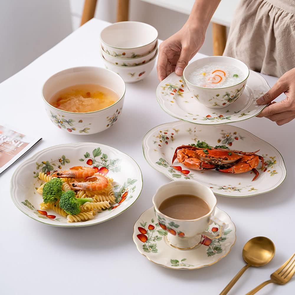 Retro Strawberry Pattern Ceramic Dinner Plate for Steak, Salad, Dessert - Shallow - Image 5