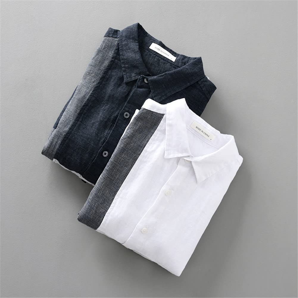 Camisa de lino de verano para hombre, manga larga, con solapa fina, retazos, estilo Harajuku, informal, a cuadros, 2085 Deep Blue, M