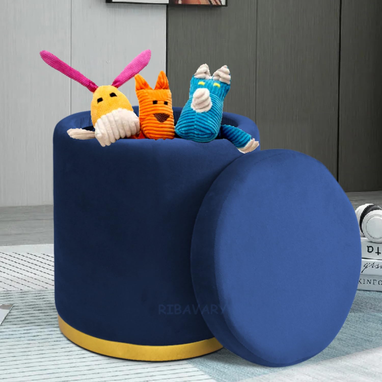 RIBAVARY Storage Ottoman Sitting Stool for Bedroom & Living Room, Velvet Sofa Side Stool, Wooden Small Ottoman Footrest Stool, Makeup Chair, Pouf for Office & Home Decoration (Drum Storage, Blue.)